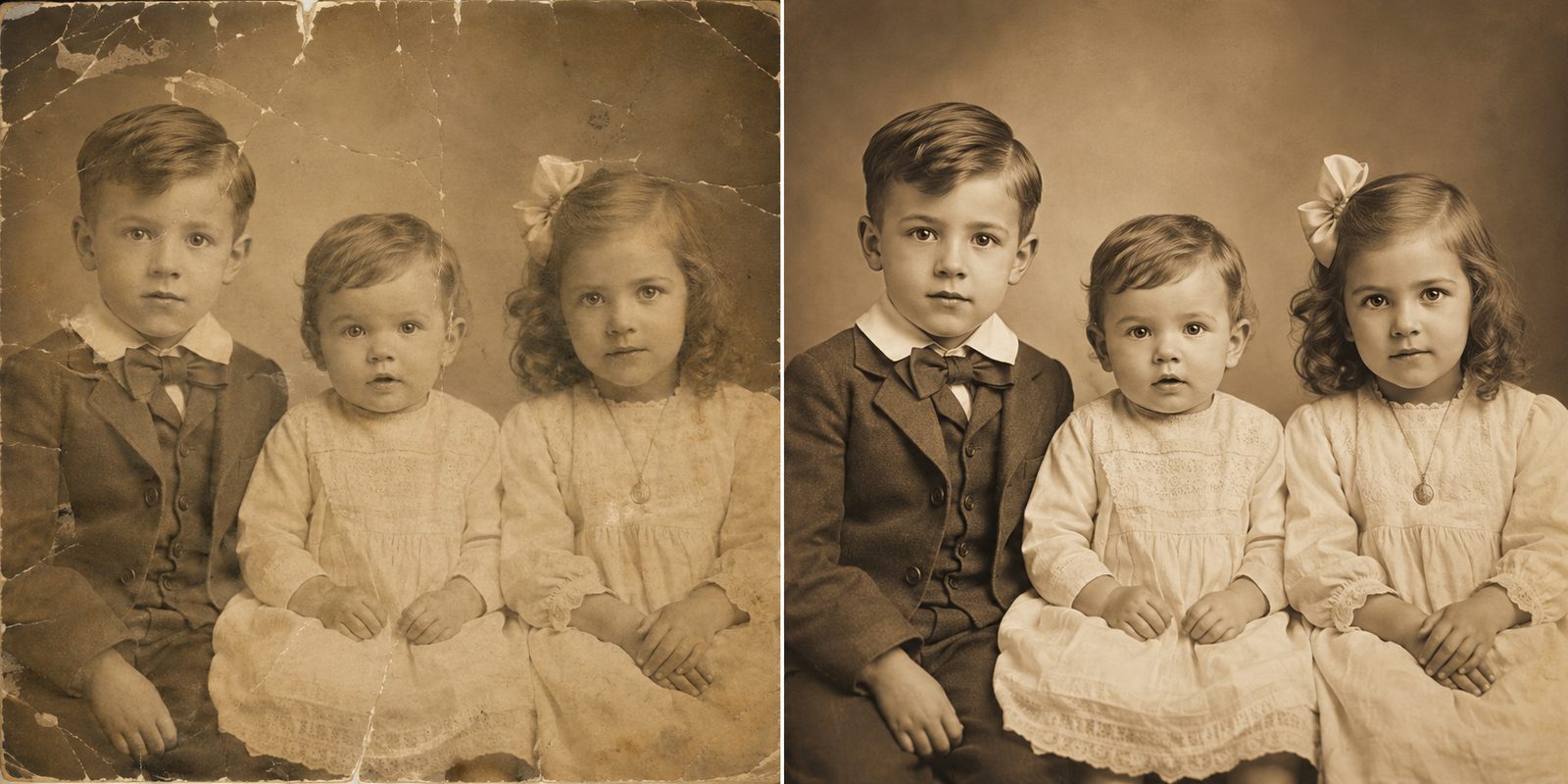Before and after photo restoration of a children's portrait