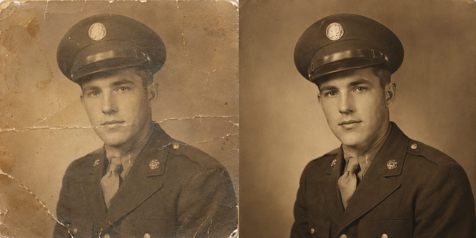 Before and after photo restoration of a military veteran portrait