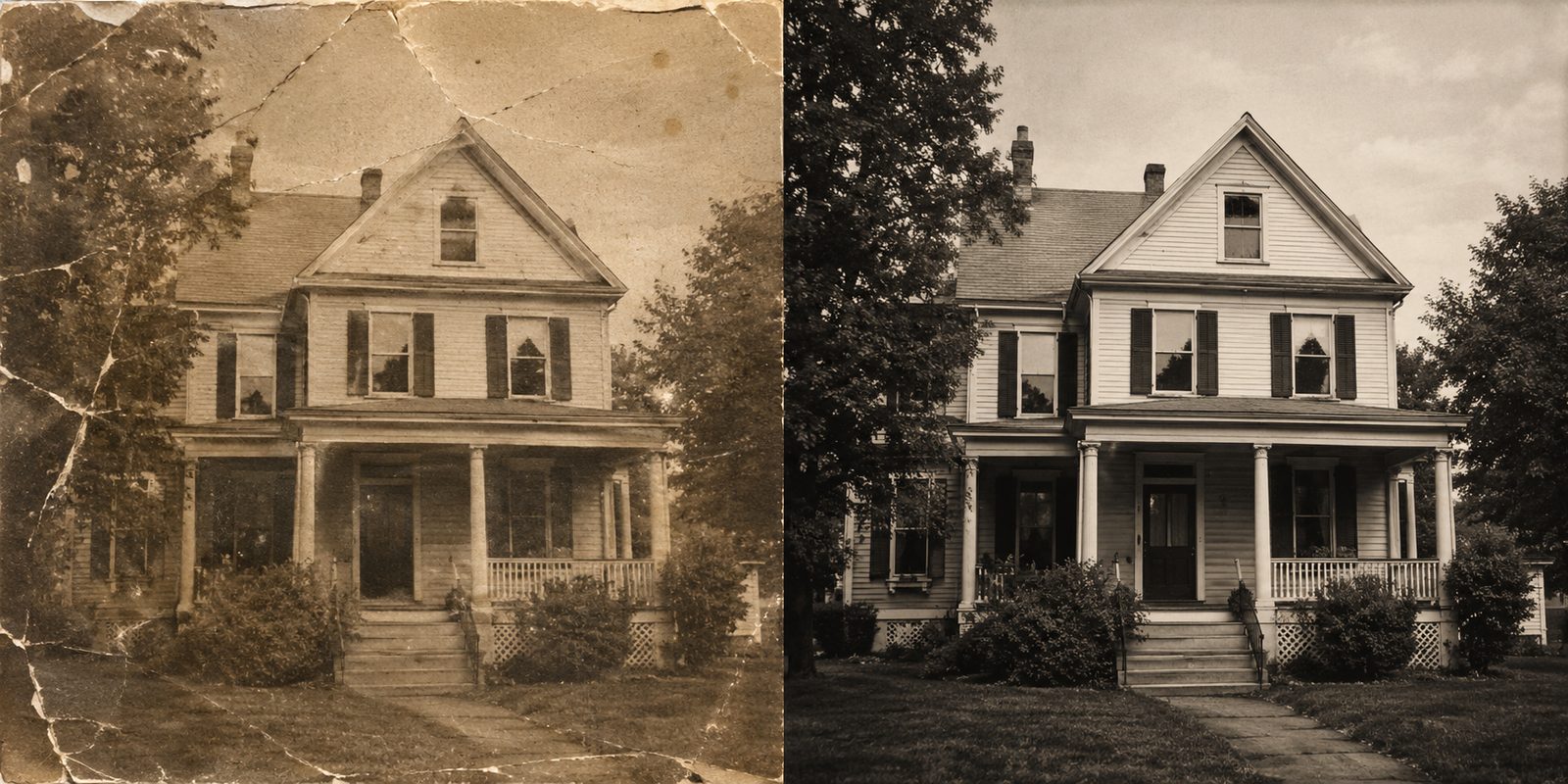 Before and after photo restoration of an old family home photograph