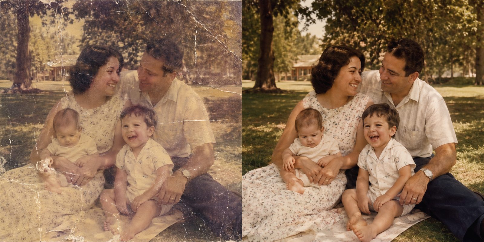 Before and after photo restoration of a vintage family gathering photograph